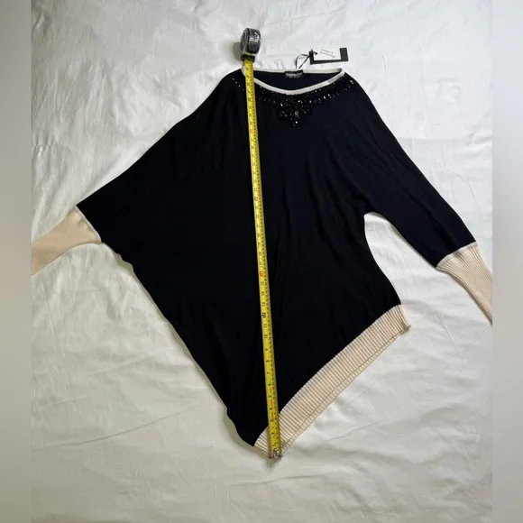 Daniela Drei Italian Merino Wool Asymmetric Sweater Black Cream Beaded Sz L NWT - Picture 8 of 11
